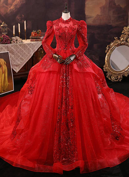 Red Tulle Ball Gown Long Sleeves Sequins Wedding Party Dress